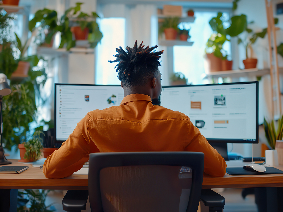 A man sits at a desk, focused on two computer screens displaying various work tasks.