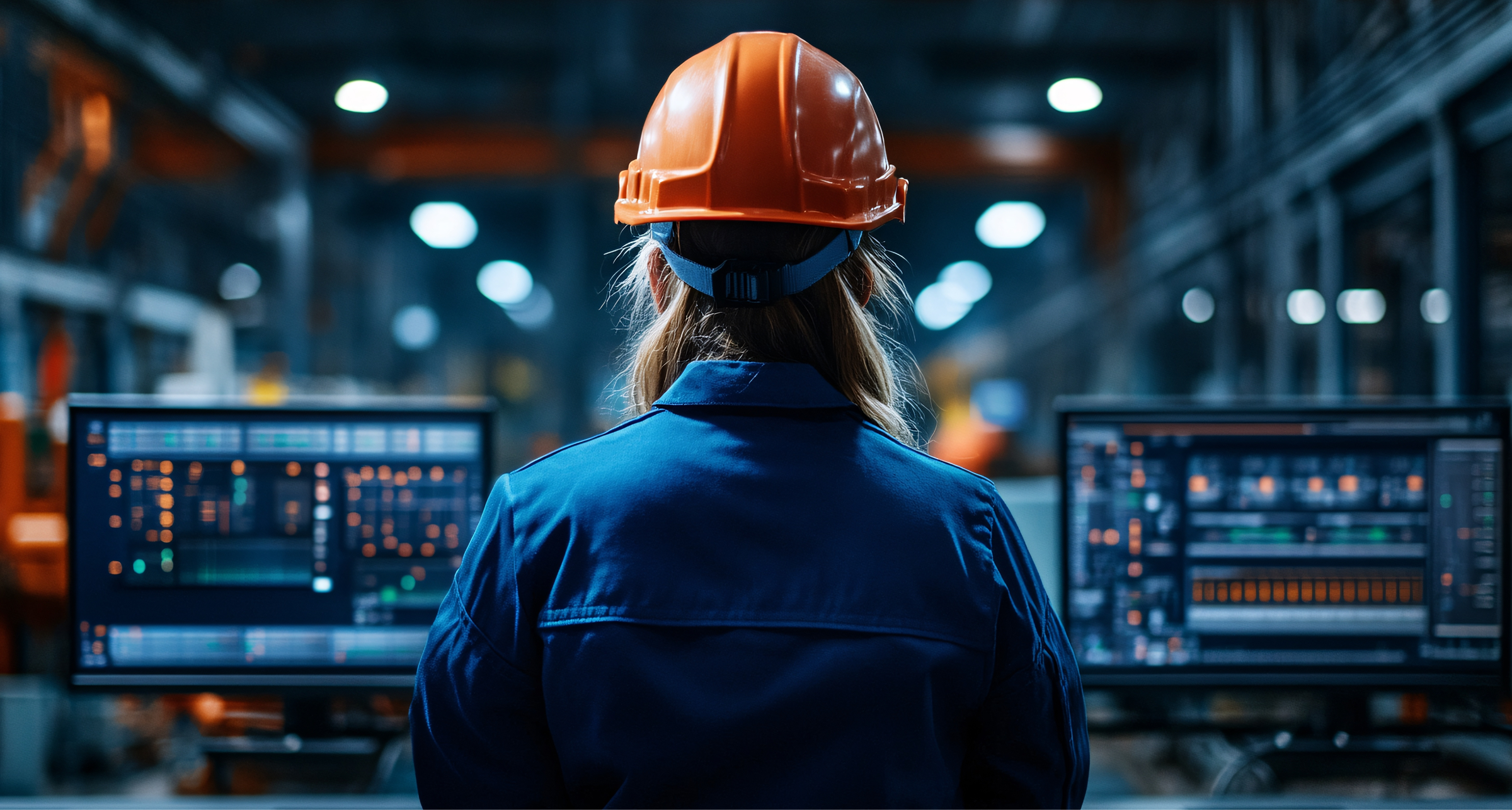 Rear view of a manufacturing engineer in an orange hard hat and blue coveralls standing at a workstation, monitoring real-time production and equipment control dashboards on dual computer screens in a factory.