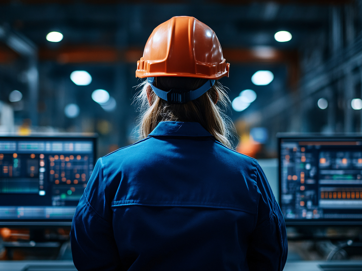 Rear view of a manufacturing engineer in an orange hard hat and blue coveralls standing at a workstation, monitoring real-time production and equipment control dashboards on dual computer screens in a factory.