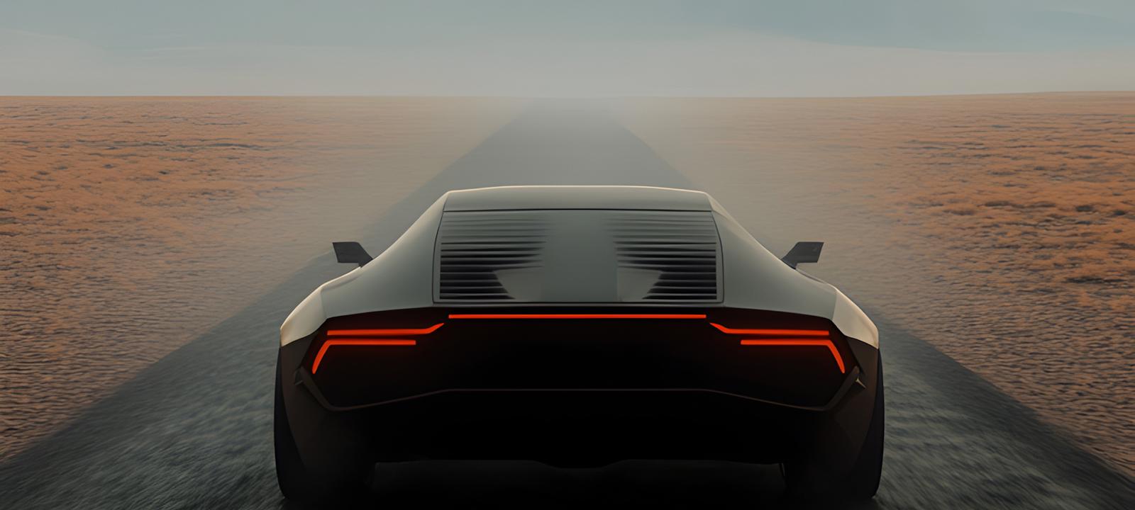 A sleek futuristic car speeds along a barren desert road under a clear blue sky.