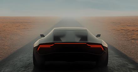 A sleek futuristic car speeds along a barren desert road under a clear blue sky.