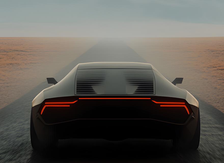 A sleek futuristic car speeds along a barren desert road under a clear blue sky.