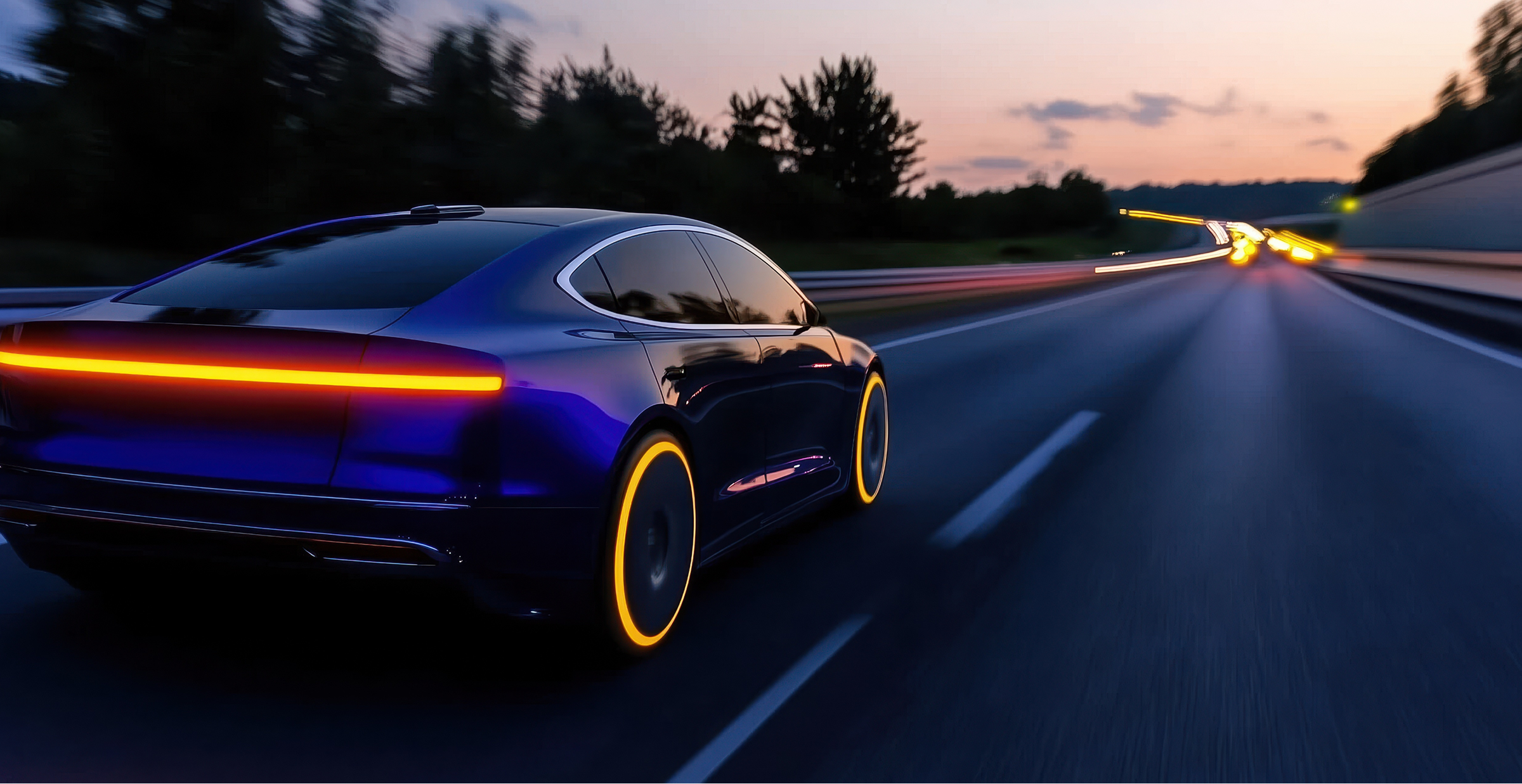 An electric car cruising down a dimly lit road at night, with headlights illuminating the path ahead