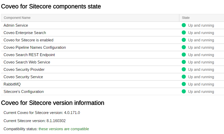 Coveo’s diagnostics page
