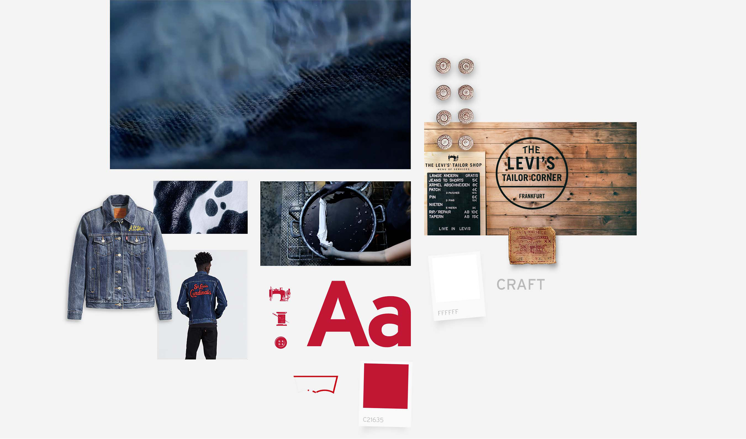 A Moodboard for Levi's which contains denim jacket styles, the Levi's Corner logo, images of denim and the fabric dye process