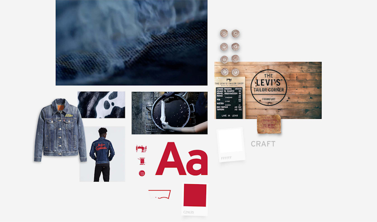 A Moodboard for Levi's which contains denim jacket styles, the Levi's Corner logo, images of denim and the fabric dye process
