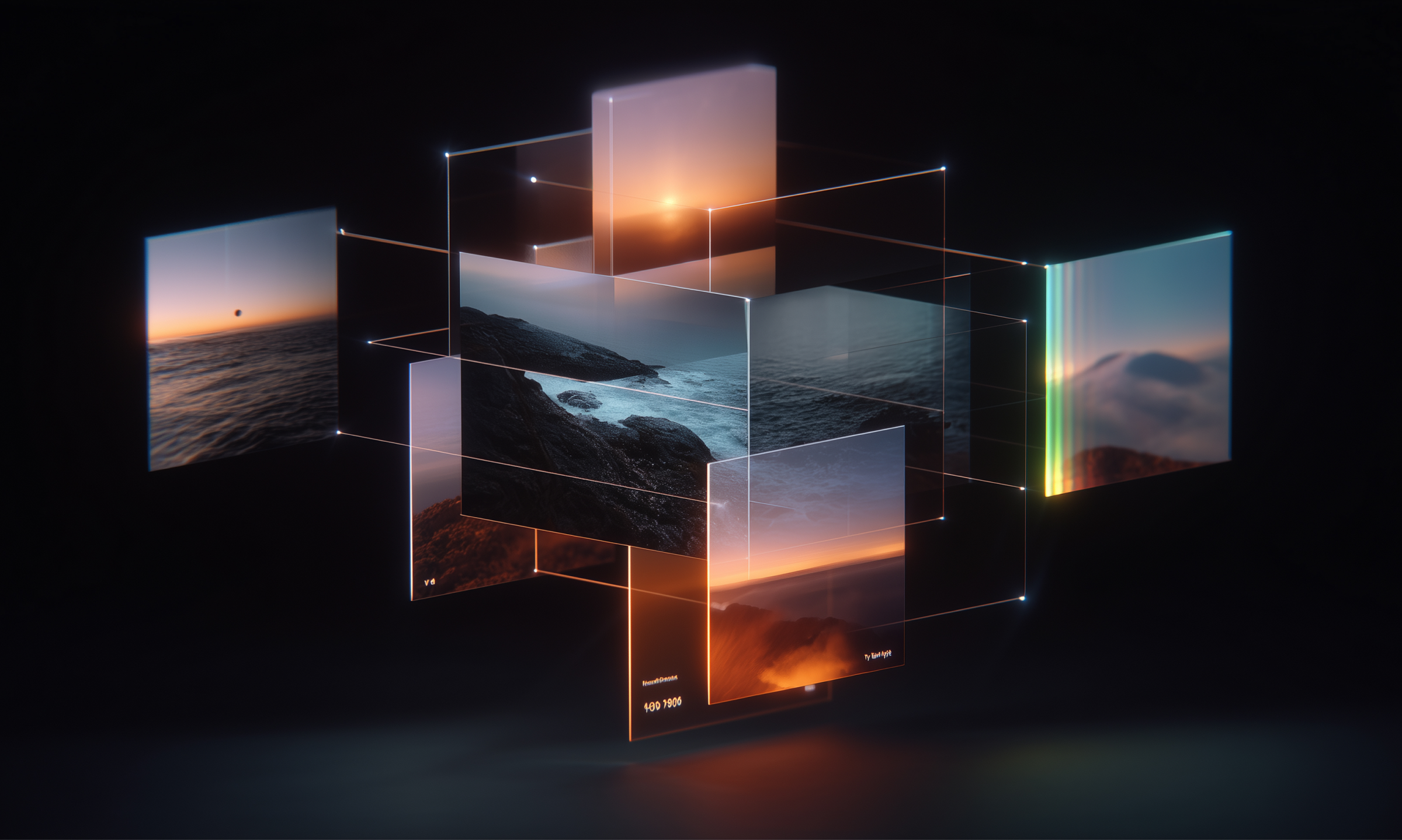 A futuristic 3D composition of interconnected translucent glass panels displaying various landscape images, such as sunsets and rocky coasts. Glowing digital lines connect the screens against a dark background, symbolizing dynamic content and creative digital experiences.