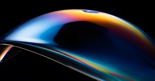 A sleek, abstract image featuring a smooth, curved shape with a gradient of blue, orange, and yellow tones, set against a black background, creating a futuristic and reflective visual effect.