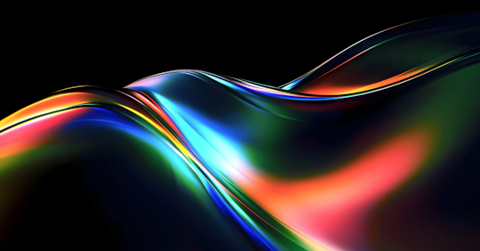 A vibrant abstract image featuring flowing, wave-like curves with a reflective surface, blending bright colors including blue, green, red, and yellow against a black background, creating a dynamic and futuristic effect.