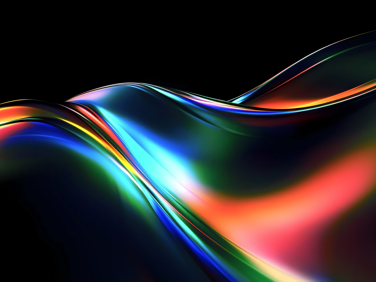 A vibrant abstract image featuring flowing, wave-like curves with a reflective surface, blending bright colors including blue, green, red, and yellow against a black background, creating a dynamic and futuristic effect.