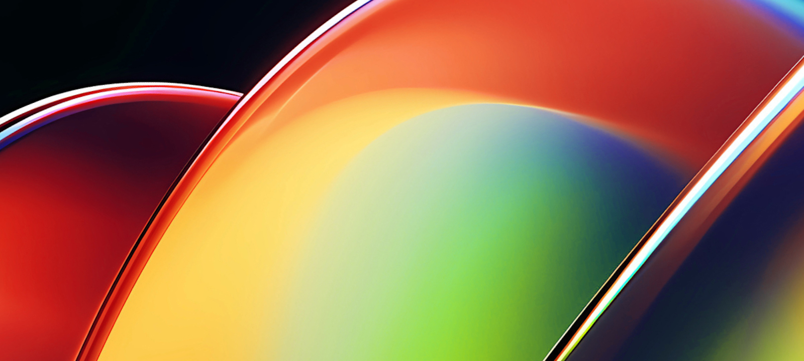 An abstract image featuring smooth, overlapping curved shapes with glossy, reflective surfaces. The colors transition from vibrant reds and oranges on the left to bright yellows, greens, and deep blues on the right. The design creates a sense of fluidity and motion, with the light reflecting off the curves to emphasize their sleek, polished appearance. The dark background enhances the bright, bold colors, giving the image a modern and dynamic feel, often associated with technology and innovation.