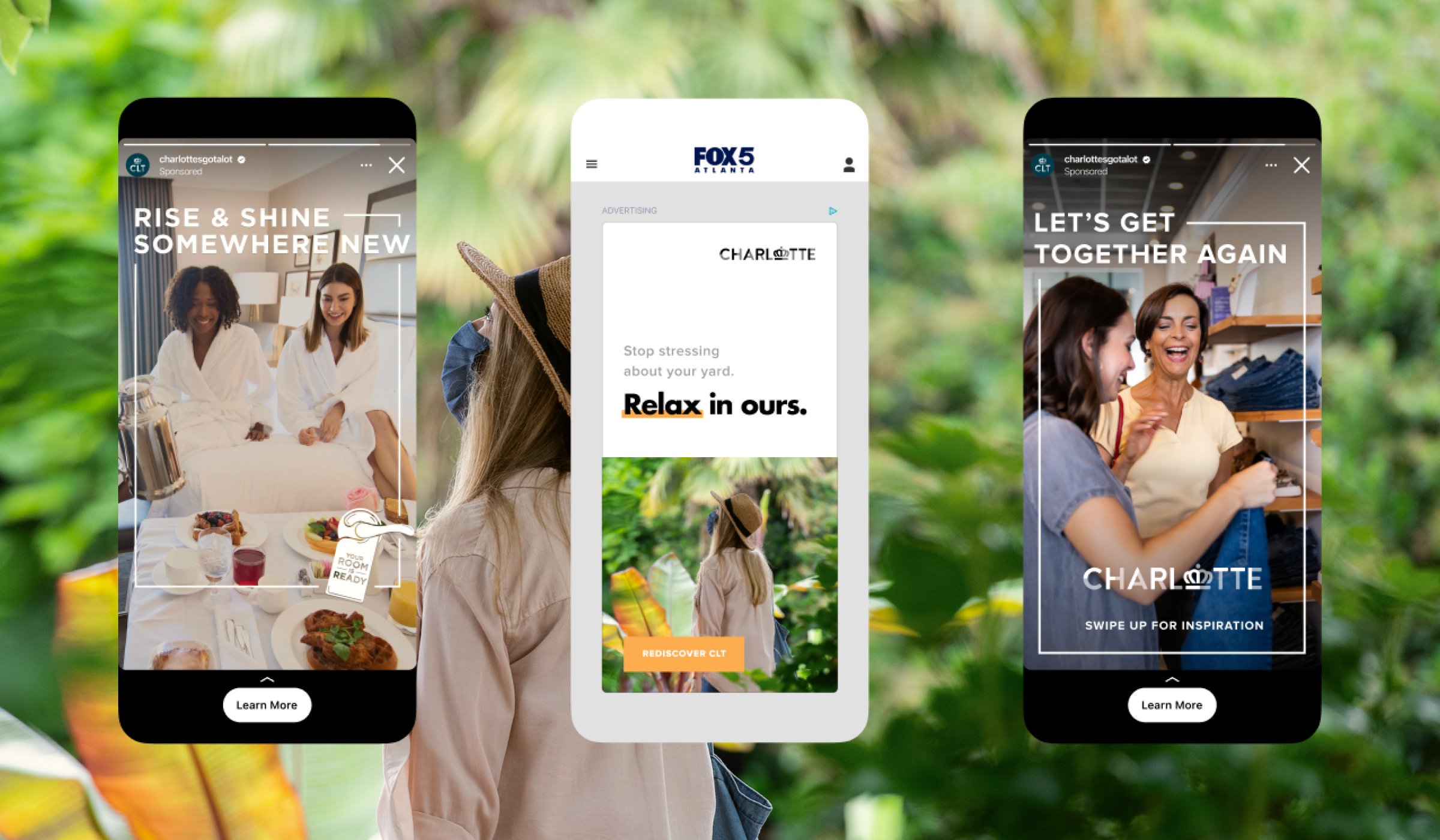 Charlotte tourism digital campaign showing mobile ads promoting relaxation, shopping, and travel experiences, viewed by a woman in a sunhat.