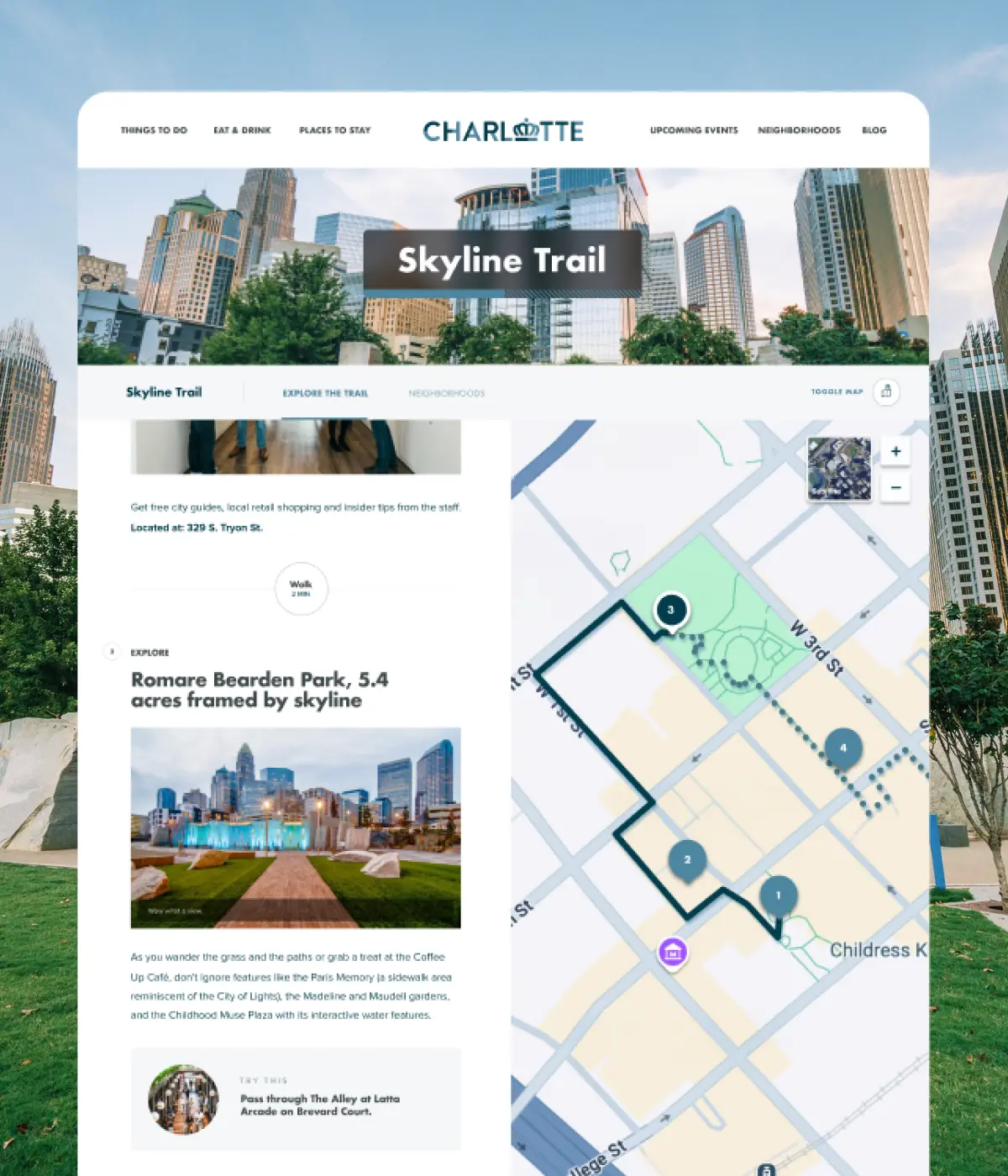 Charlotte Skyline Trail webpage showing a city walking map, local highlights like Romare Bearden Park, and nearby attractions for visitors.