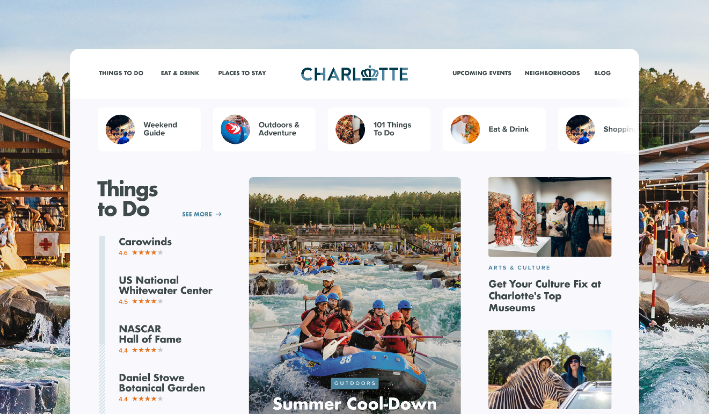Screenshot of Charlotte tourism website featuring top attractions like Carowinds, the Whitewater Center, museums, and outdoor adventures.