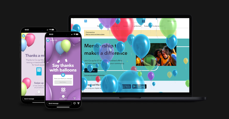 A digital display featuring a laptop and two smartphones showcasing Co-op's 'Say thanks with balloons' campaign. The screens are filled with colorful virtual balloons and messages encouraging users to express gratitude. The laptop screen emphasizes membership benefits, while the phones display interactive elements of the campaign