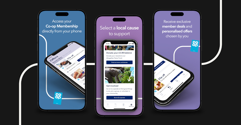 Three smartphones displaying different screens of the Co-op Membership app. The first screen encourages users to access their Co-op Membership directly from their phone. The second screen highlights selecting a local cause to support by donating balances. The third screen promotes receiving exclusive member deals and personalized offers. Each phone showcases the app's user-friendly interface with distinct color backgrounds.