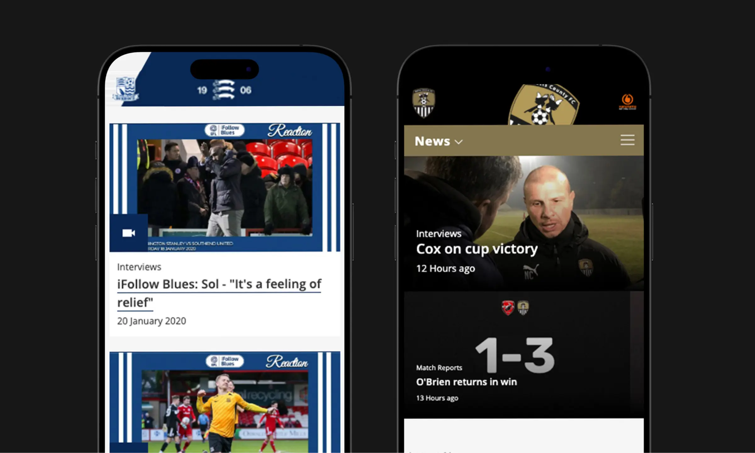  Image of two smartphones displaying different football club mobile apps.