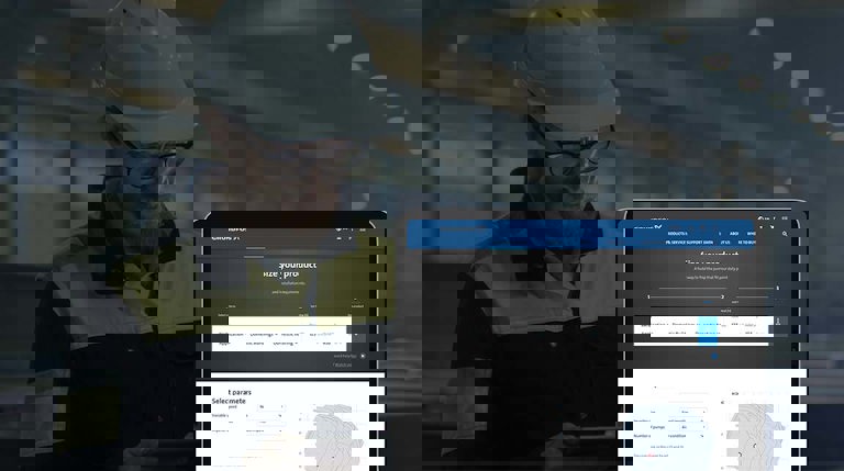 Image of a manufacturing worker with a white hard had and yellow and black safety jacket checking a tablet overlayed by a mockup of the Grundfos 'Size Your Product' page