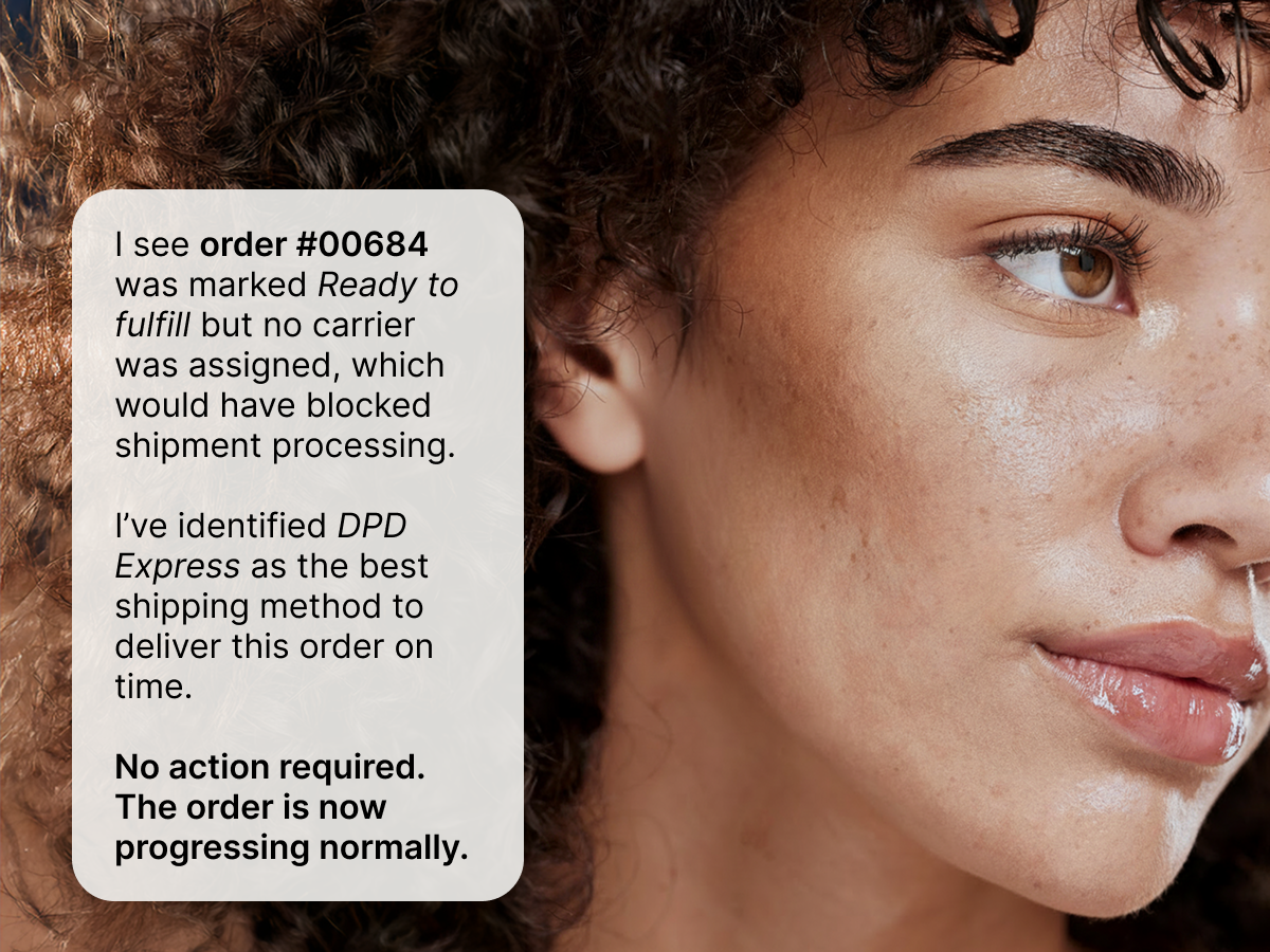 Close-up of person in profile with AI notification resolving a shipping carrier assignment.
