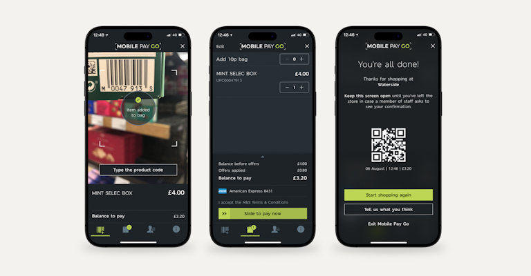 A set of tree smartphones displaying different screens of a "Mobile Pay Go" app.