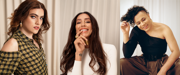 From left to right: A Portrait of a dark haired influencer wearing black and showing off their hair for Pantene; a portrait of a brunette influencer wearing plaid and showing off their hair for Pantene; a portrait of an influencer in white, showing off their long hair for Pantene