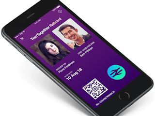 Animated image of a smartphone displaying a digital Two Together Railcard. The railcard includes two cardholders' photos, names, expiration date, a QR code, and a hologram at the bottom right corner that changes color, emphasizing security features.