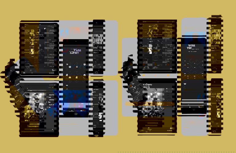 Phone and tablet screens showcasing different pages from the app, including  the live video stream and the live comment and news feed