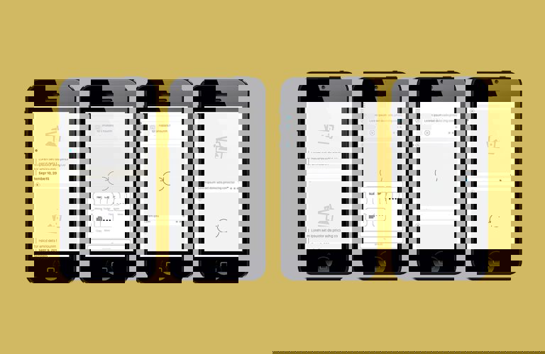 Four phone screens side-by-side showing Lorem Ipsum template pages from the application