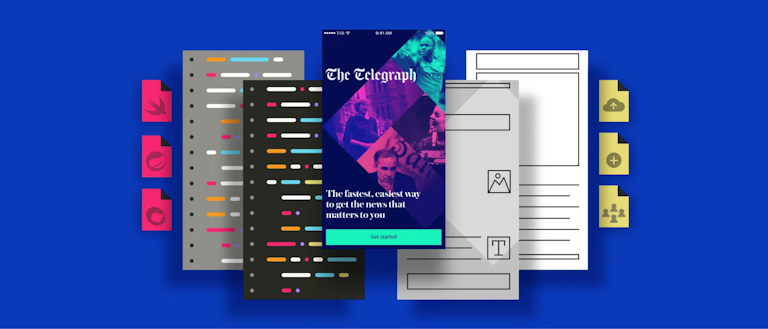 Illustration showing the architecture of The Telegraph app, featuring a colorful mobile screen with news content and a 'Get started' button. Surrounding the phone are graphic elements representing coding, design files, and data integration, symbolizing the app's development process