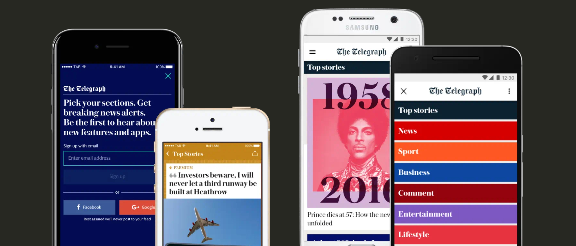 Four smartphones displaying different screens from The Telegraph app. The first screen prompts users to sign up for breaking news alerts. The second shows a top stories article about a Heathrow runway. The third displays a feature story about Prince. The fourth screen showcases the app's navigation menu with colorful categories such as News, Sport, Business, and Lifestyle.
