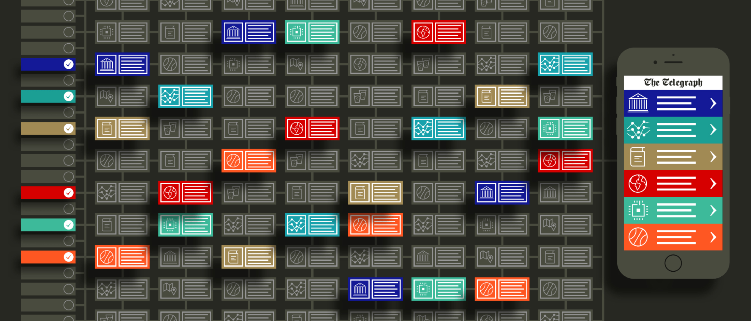 An illustration showing the content architecture of The Telegraph app, featuring various categories represented by colorful icons and text blocks. A smartphone on the right displays a navigation menu with sections like news, sports, business, and more. The design emphasizes the structured layout and organization of content within the app.