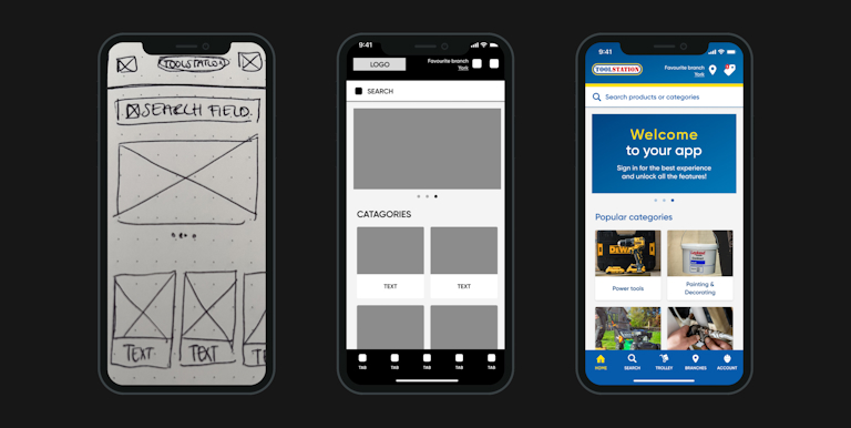 Three mobile screens showing the design evolution of the Toolstation app. The first screen is a hand-drawn wireframe sketch with placeholders for a search field and product categories. The second screen is a black-and-white digital wireframe with basic structure and placeholders. The third screen is the final version, featuring a colorful, fully designed interface with product categories like power tools and painting supplies, along with navigation options at the bottom.