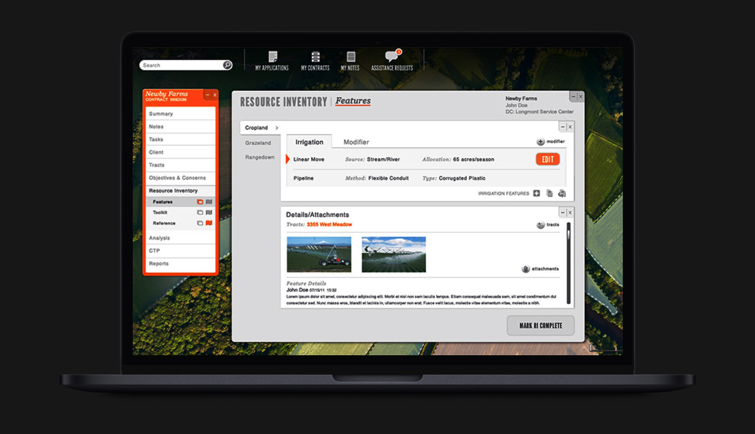 A mockup of a laptop with the interface of the web app for the U.S. Department of Agriculture, showing features to  plot and save land coordinates.
