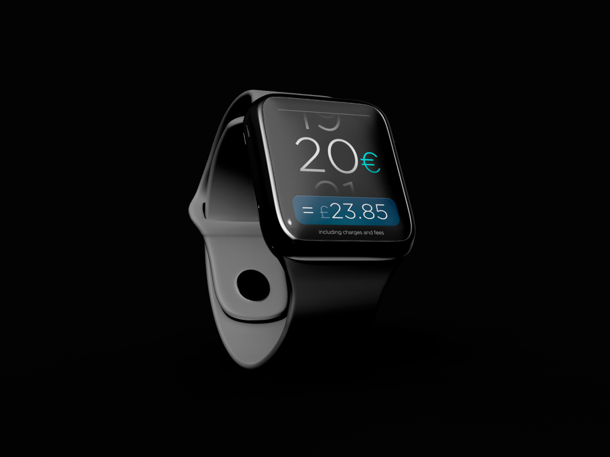 A close-up of a smartwatch, displaying a mobile banking app interface "20€ = £23.85 including charges and fees". The image conveys the concept of using wearable technology for secure and efficient mobile banking.