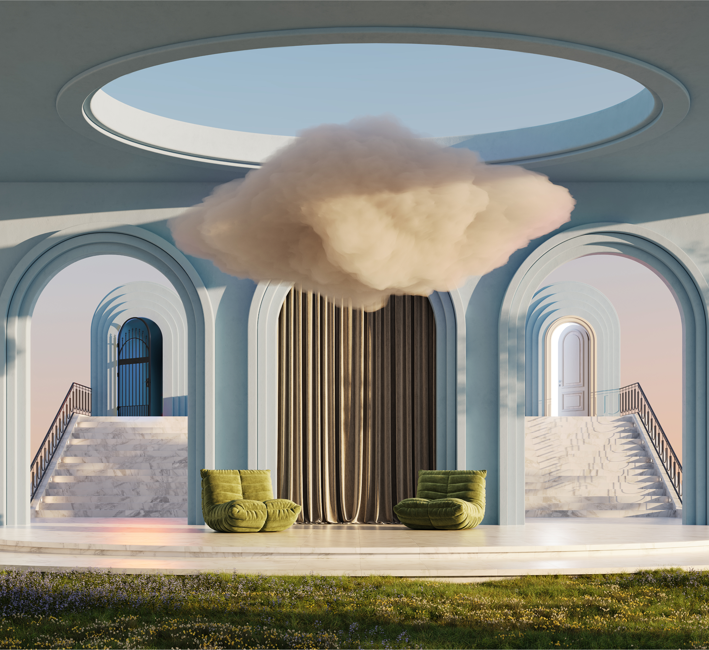 Surreal metaverse showroom with a circular skylight above a floating cloud, framed by pastel-blue arches and twin marble staircases; two low green lounge chairs sit on a glossy platform overlooking a grassy foreground.