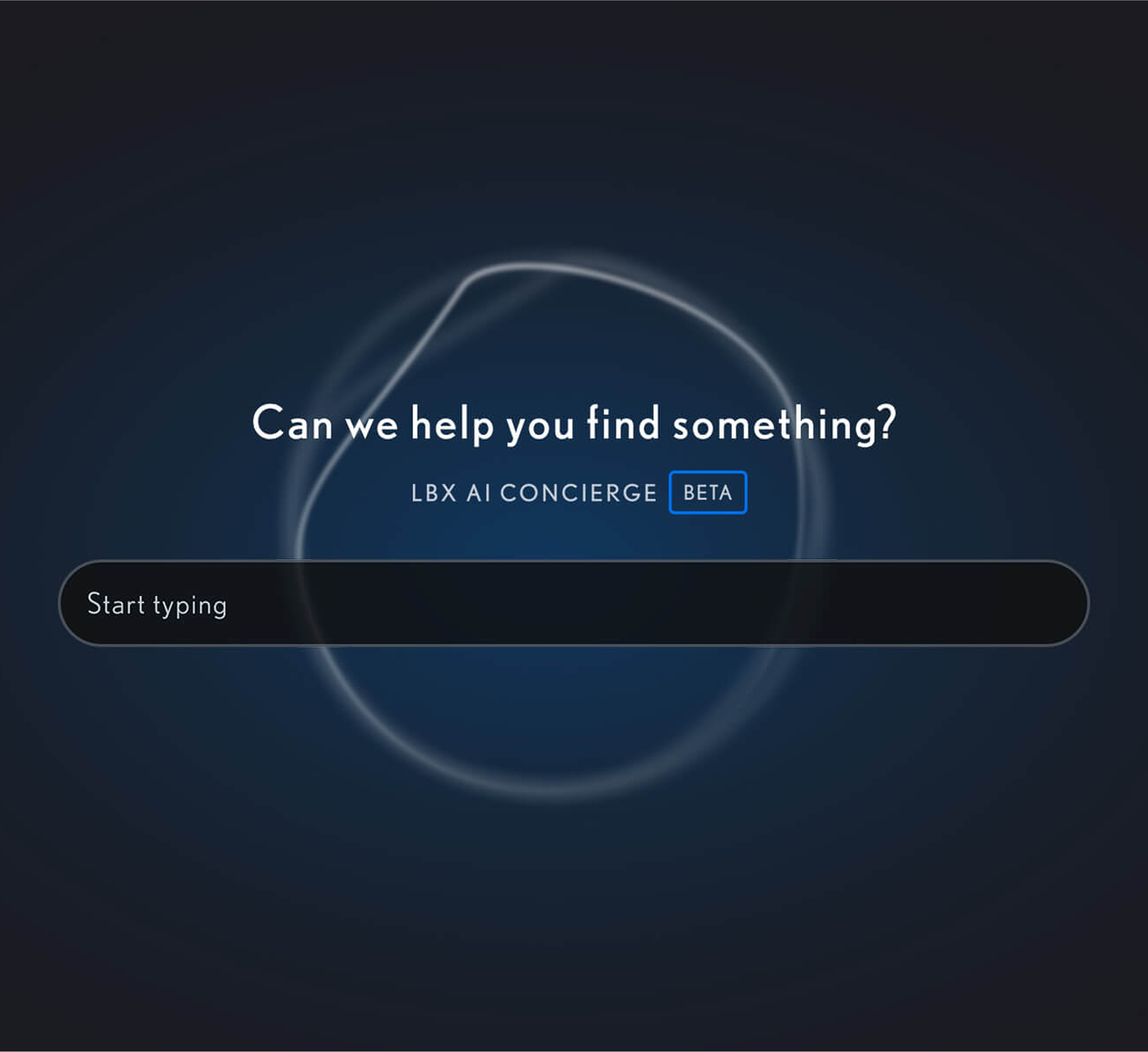 Dark blue gradient screen displaying a glowing, abstract circular shape behind white text that reads, “Can we help you find something? LBX AI Concierge BETA,” with a long, rounded search input field below labeled “Start typing.”