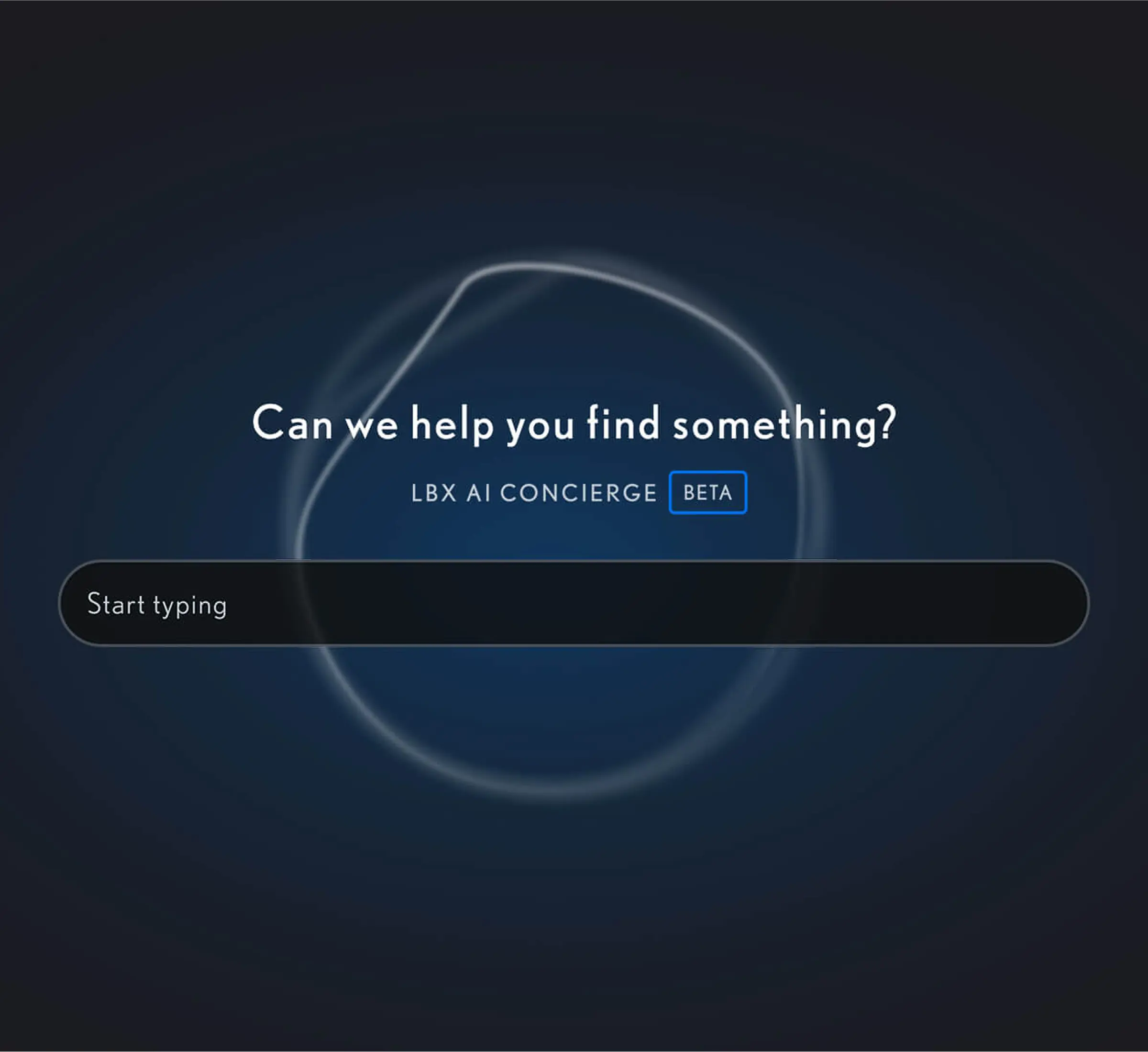 Dark blue gradient screen displaying a glowing, abstract circular shape behind white text that reads, “Can we help you find something? LBX AI Concierge BETA,” with a long, rounded search input field below labeled “Start typing.”