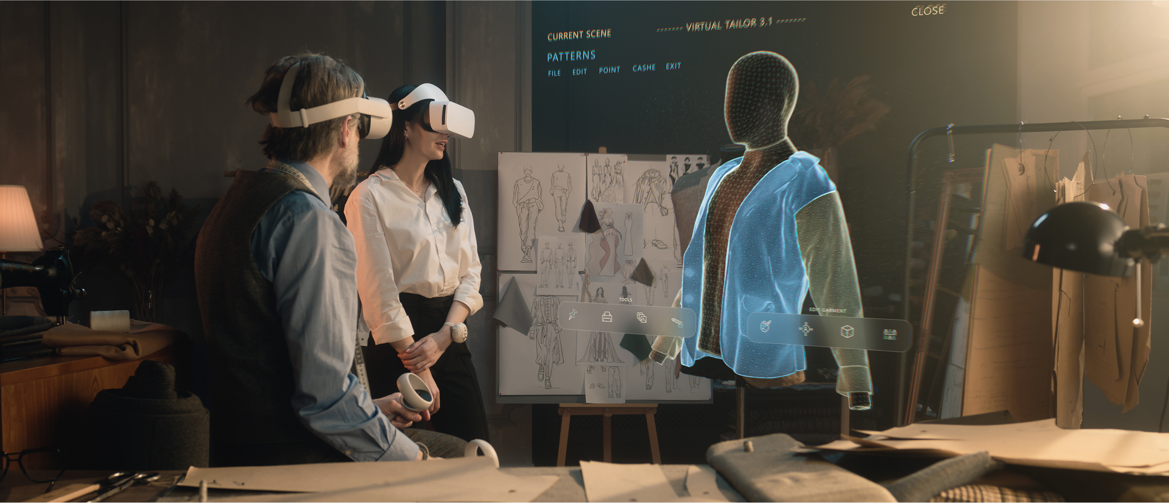 Two fashion designers seated at a workbench wearing virtual reality headsets, viewing and manipulating a holographic wireframe jacket in a studio filled with garment sketches and pattern templates.