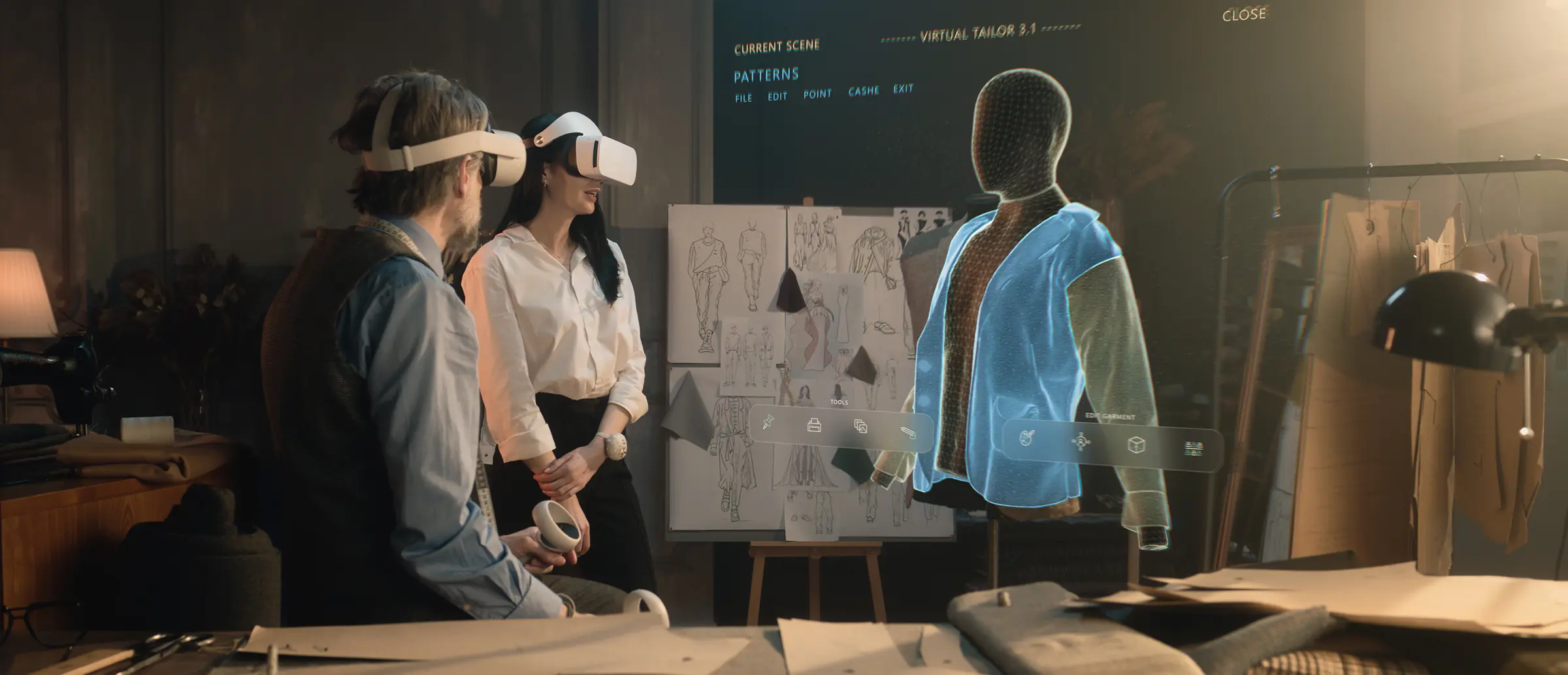 Two fashion designers seated at a workbench wearing virtual reality headsets, viewing and manipulating a holographic wireframe jacket in a studio filled with garment sketches and pattern templates.