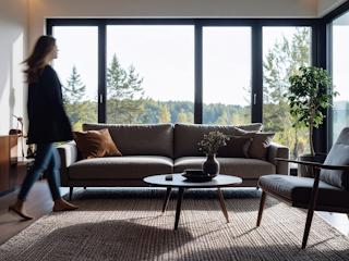 A woman walks through a cozy living room with a couch and chair, creating a warm and inviting atmosphere.
