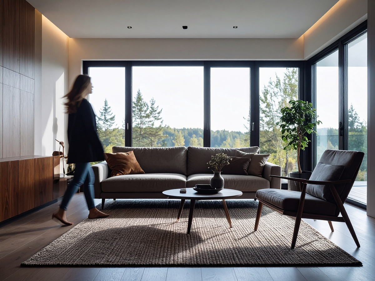 A woman walks through a cozy living room with a couch and chair, creating a warm and inviting atmosphere.