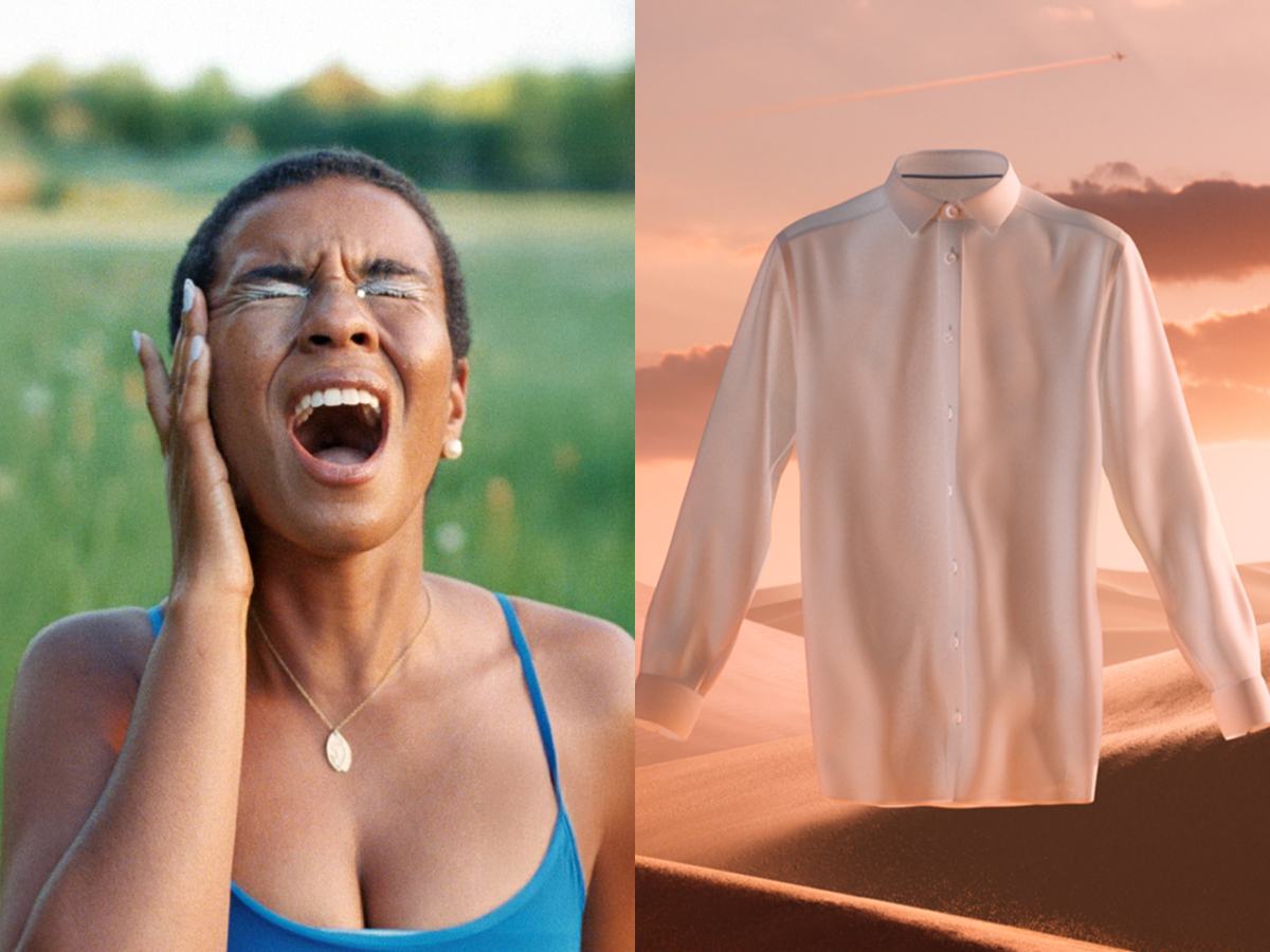 Left: A close-up of a woman standing in a grassy field, her eyes shut tight and mouth open wide as if she’s shouting or singing passionately, her hand gently touching the side of her face. Right: A crisp, white button-down shirt floating without a body above rippled sand dunes at sunset, with an airplane contrail streaking across a pastel sky.