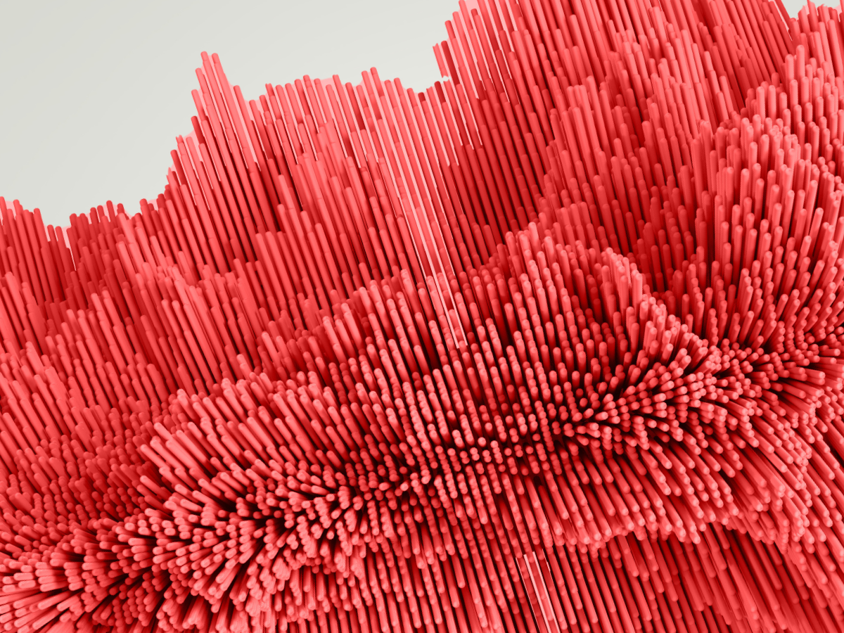 close-up of an abstract design featuring numerous red vertical bars of varying heights, arranged in a pattern resembling waves or undulating terrain