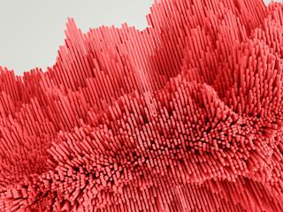 close-up of an abstract design featuring numerous red vertical bars of varying heights, arranged in a pattern resembling waves or undulating terrain
