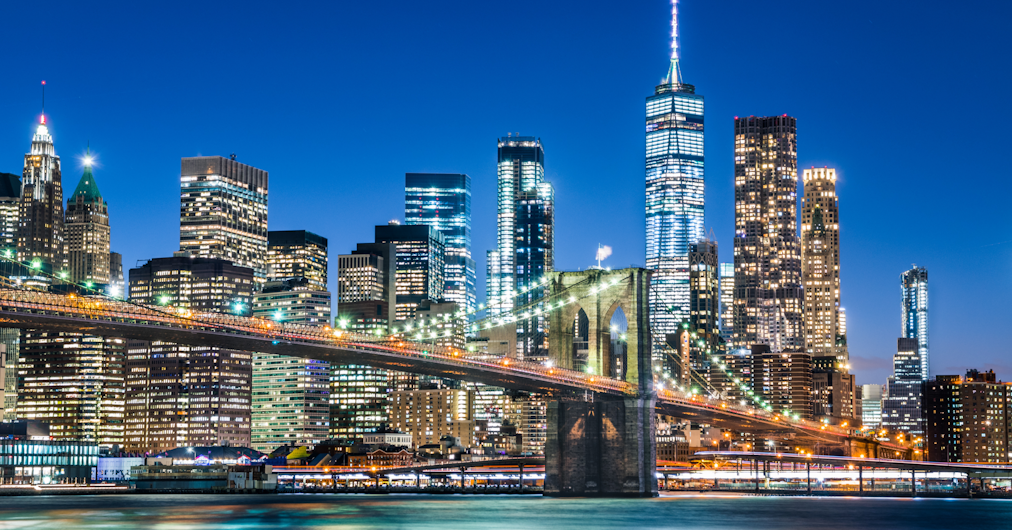 New York City Skyline with Brooklyn Bridge at Night