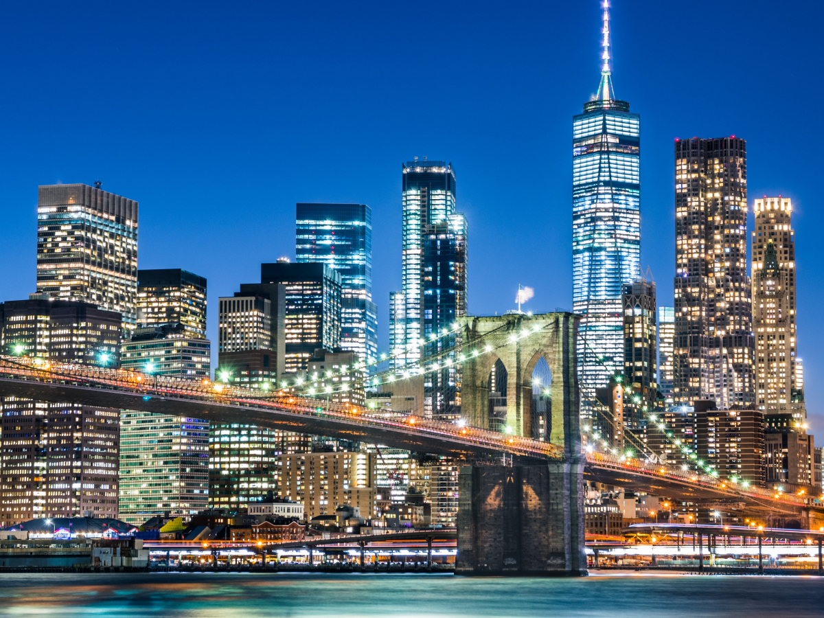 New York City Skyline with Brooklyn Bridge at Night