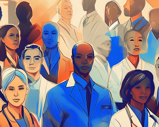 An abstract illustration of a diverse group of healthcare professionals, including men and women wearing lab coats. The artwork uses warm and cool tones with stylized facial features, symbolizing collaboration and unity in the medical field.