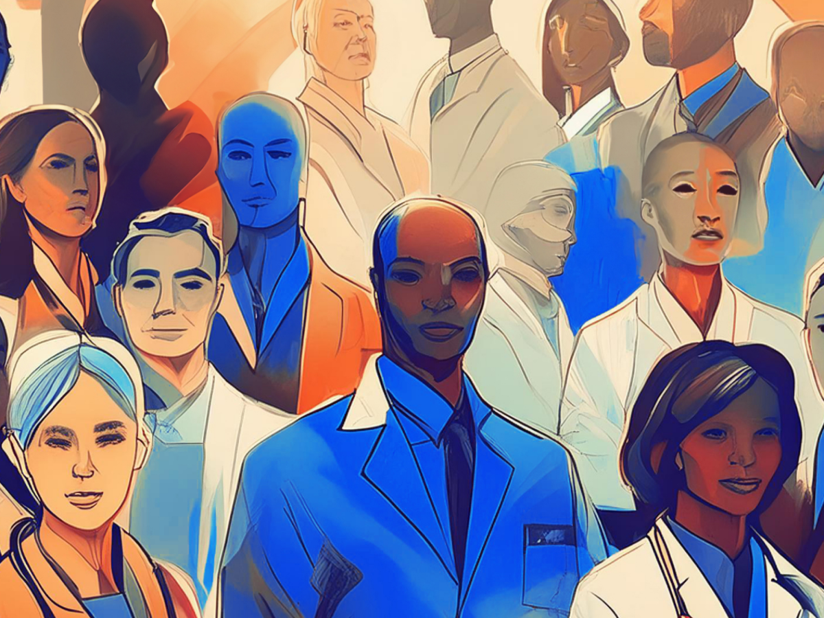 An abstract illustration of a diverse group of healthcare professionals, including men and women wearing lab coats. The artwork uses warm and cool tones with stylized facial features, symbolizing collaboration and unity in the medical field.