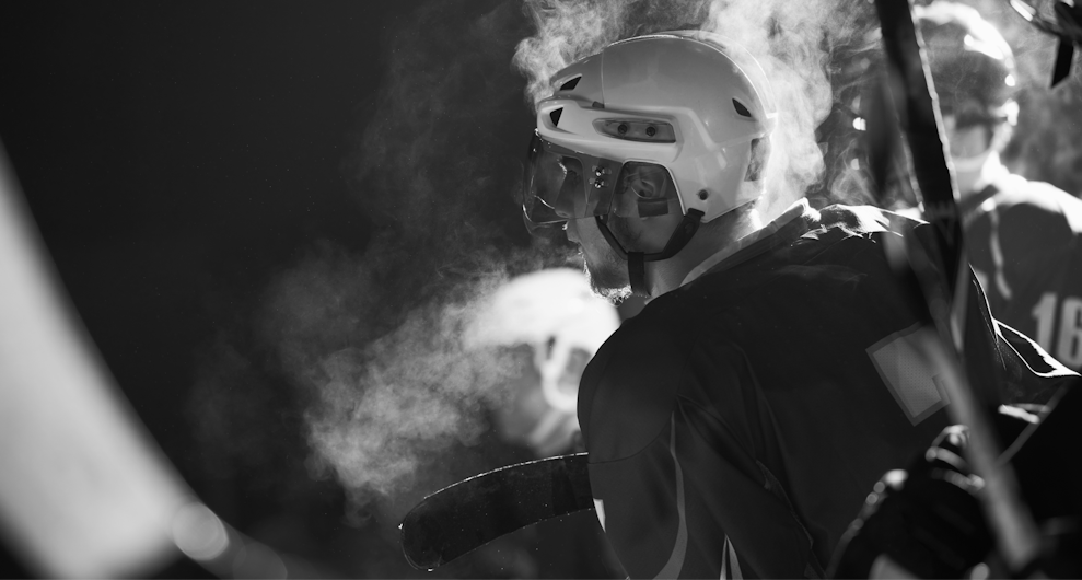 Close-up of a hockey player in helmet during a Blackhawks game