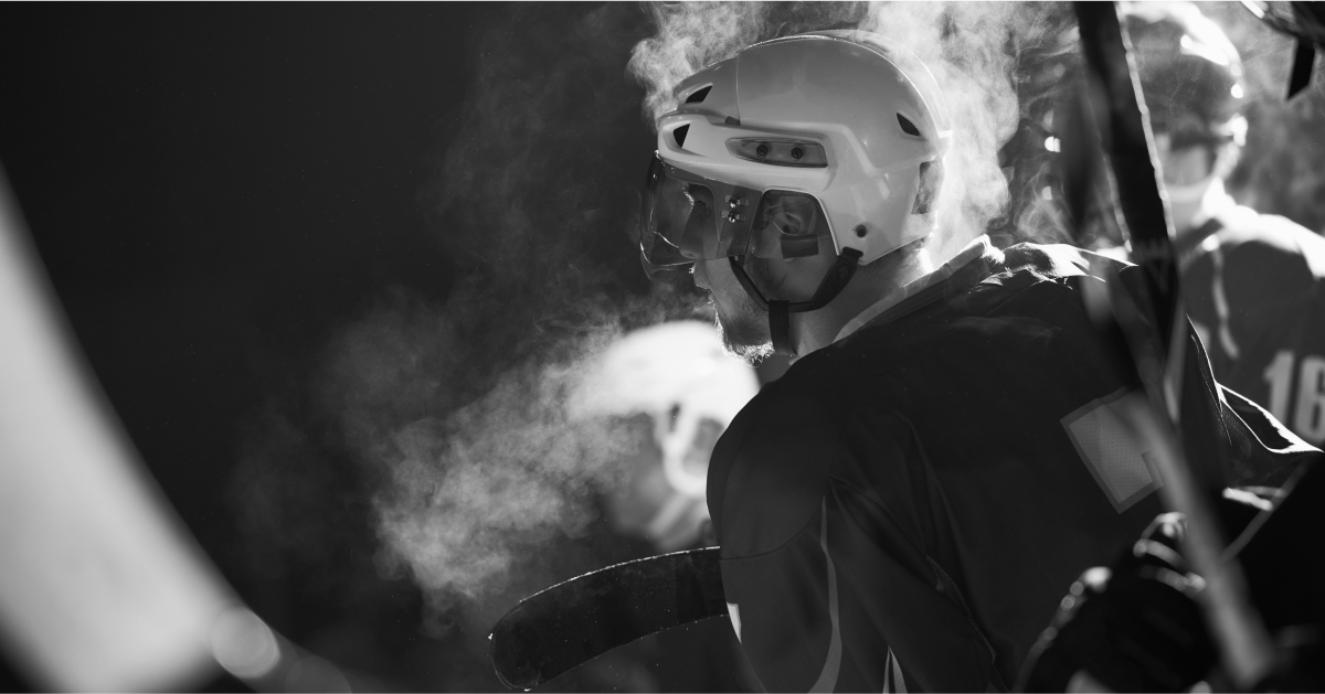 Close-up of a hockey player in helmet during a Blackhawks game